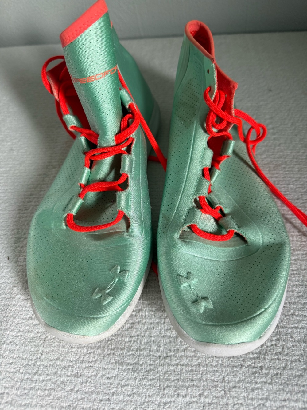 Under Armour Mint Green High-Top Sneakers with Bright Coral Laces